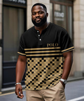 Men's Plus Size Casual Daily Black Plaid Print Henry Collar Button Short Sleeve T-Shirt